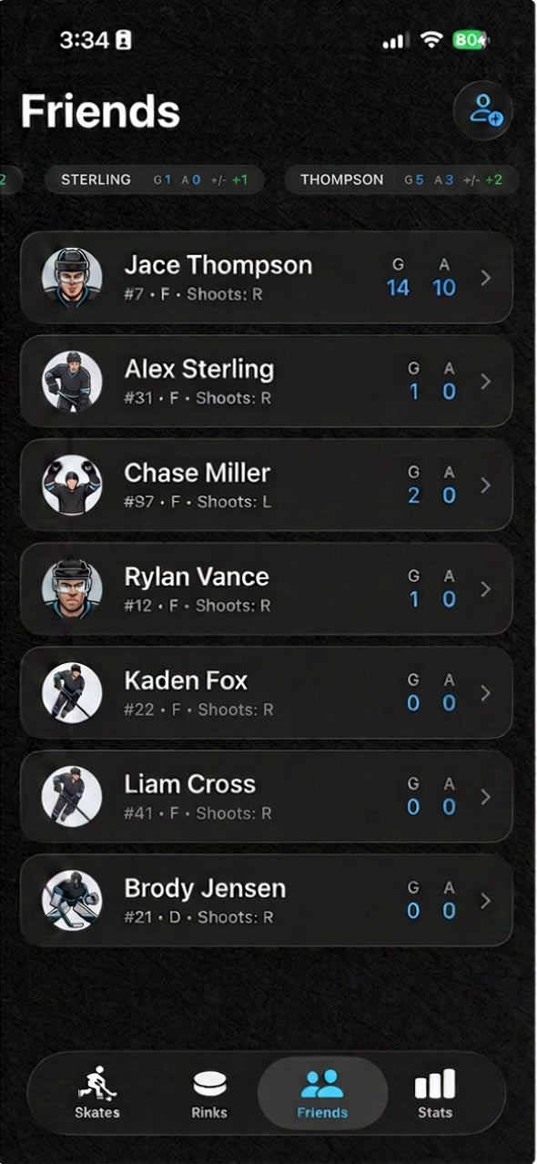 Ice Time app, the Friends screen showing a ticker of friends stats above a friends list