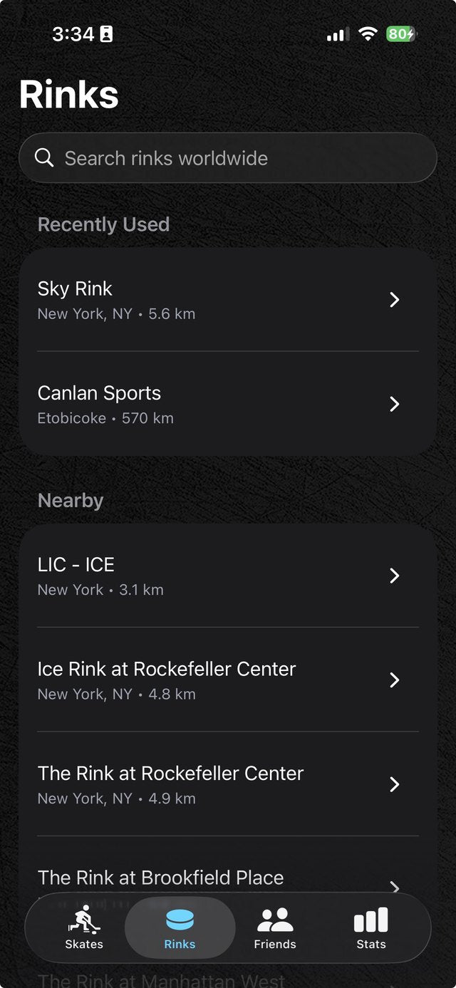 Ice Time app, the Rinks screen showing rink search with recently used and nearby rinks