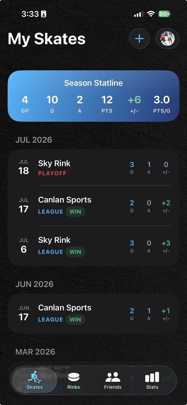 Ice Time app, the My Skates screen showing a season statline card above a list of logged skates